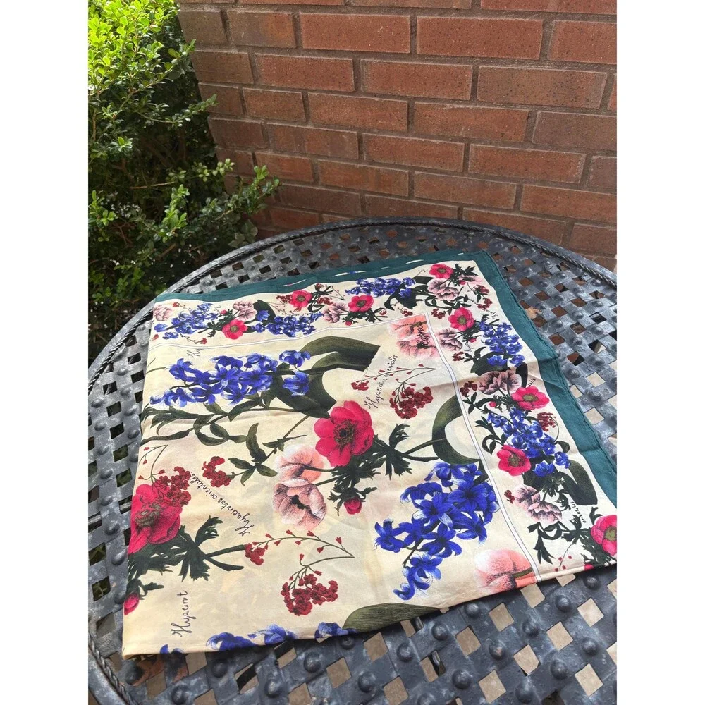 Silk Botanical Scarf with Hyacinths and Poppies
